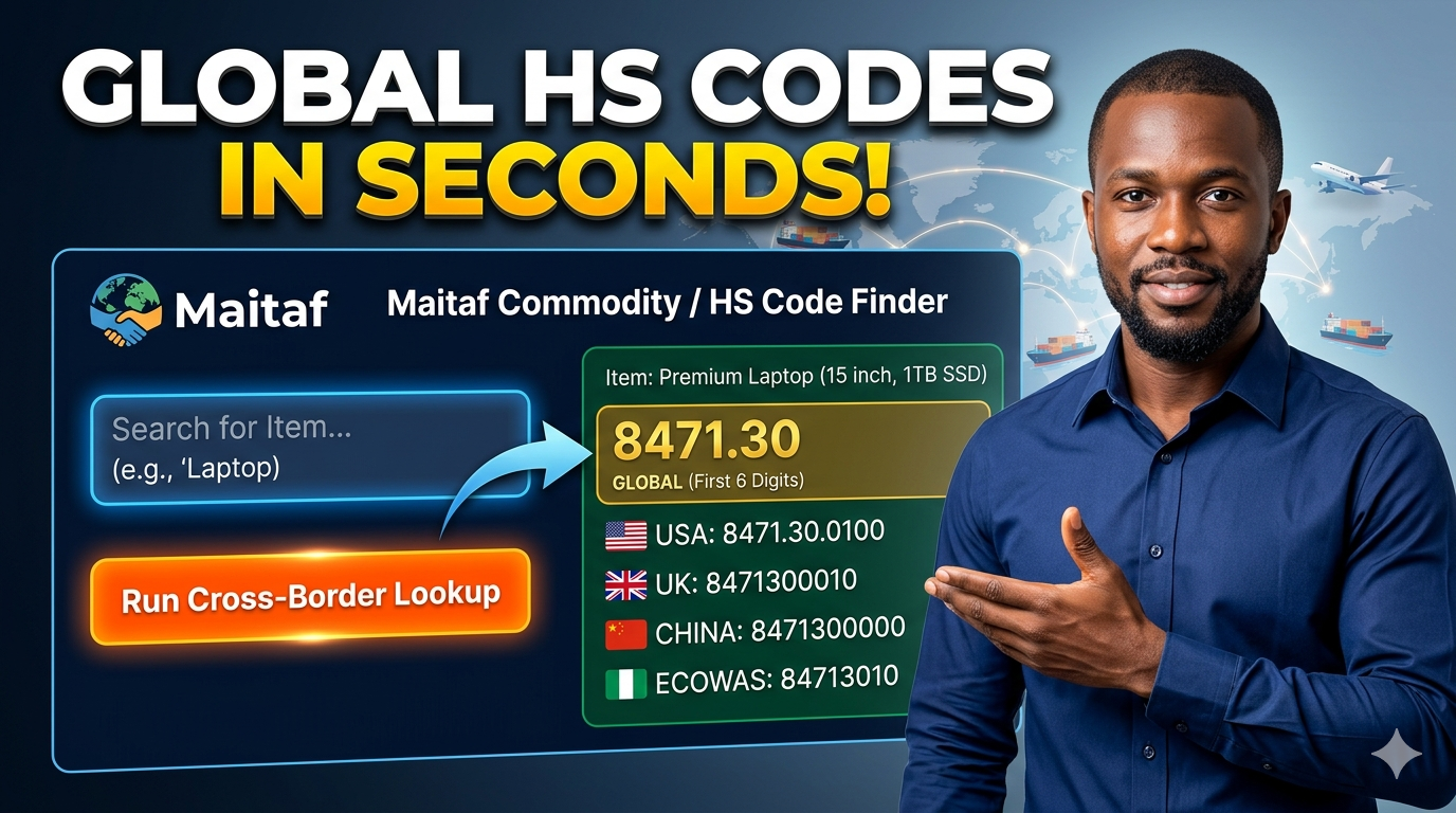 Maitaf Commodity and HS Code Finder showing global tariff classification for USA, UK, China, and ECOWAS